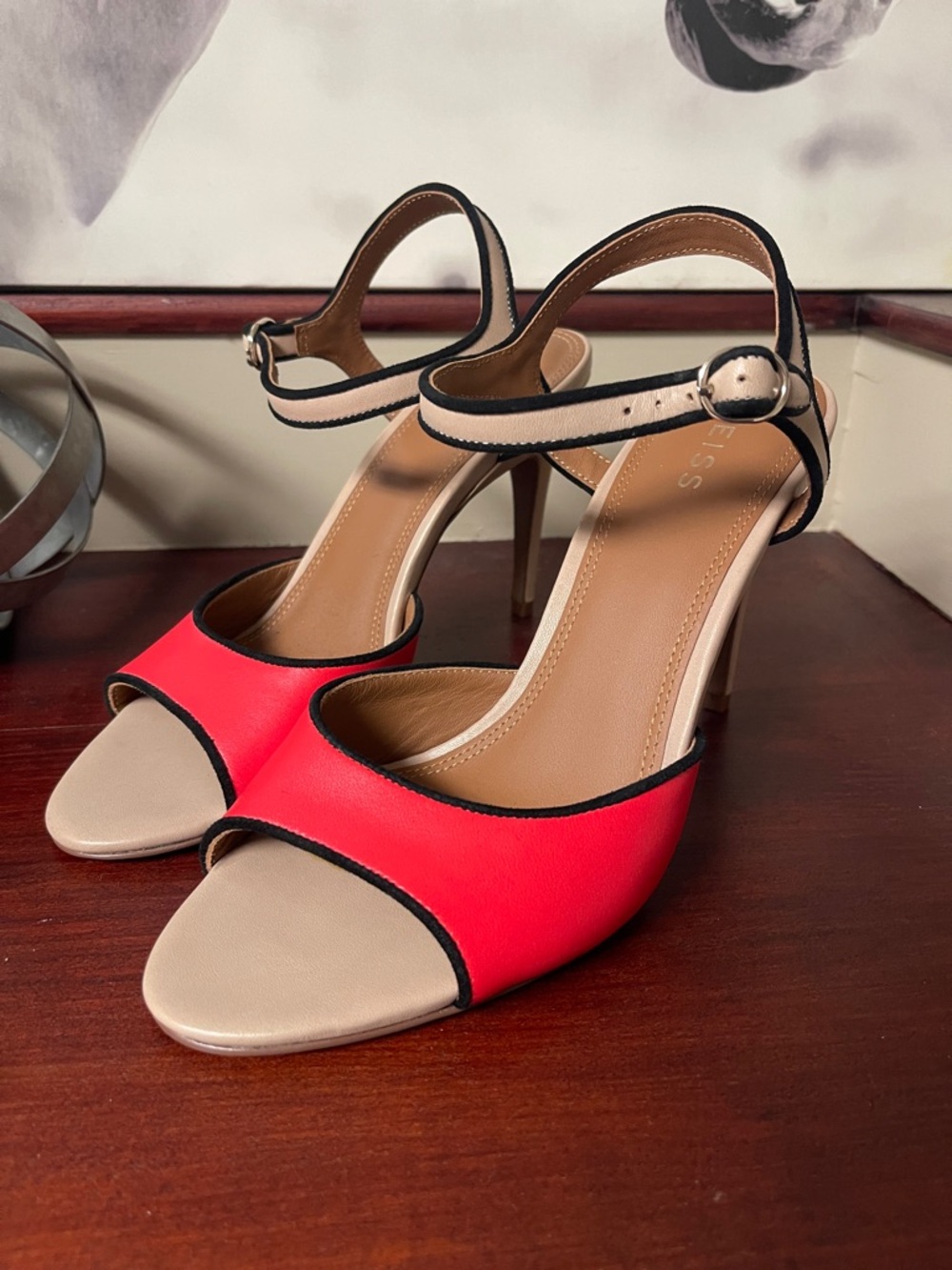 Ankle-Strap Open-Toe Heels in Bright Red and Beige